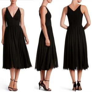 Dress the Population Alicia Dress Black Chiffon Midi Twirl V-Neck Size S